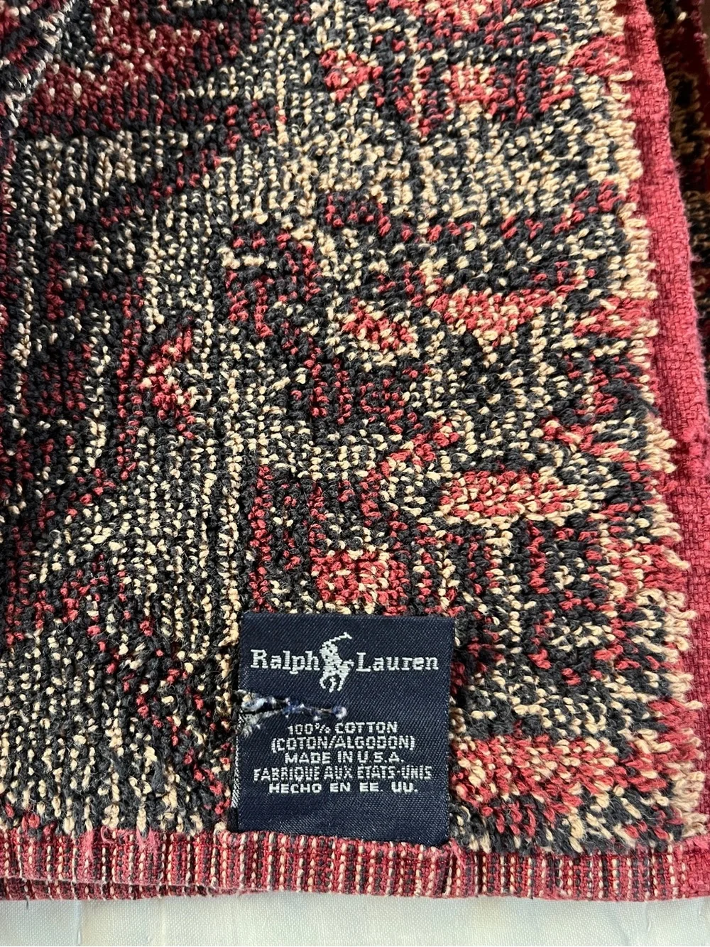 x2 Vintage Ralph Lauren Bath Towels Aztec Southwestern Tribal Print Navy Red